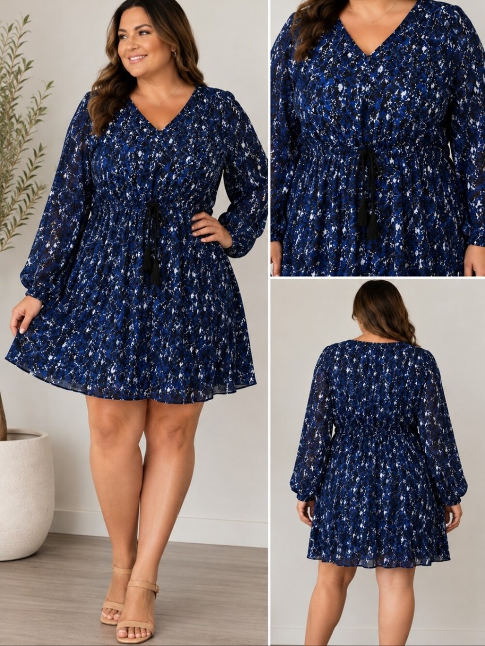 ELLOS Navy Blue Printed V-Neck Long Sleeve Short DRESS With Tassle draw String.